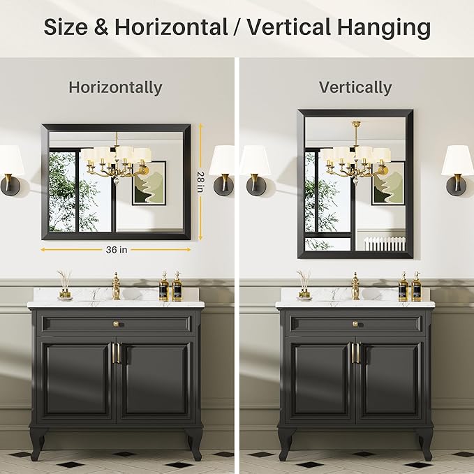 Black Metal Framed Bathroom Wall Mirror, 28x36 Inch | Anti-rust, HD tempered glass, for bathroom vanity, bedroom, living room, horizontal or vertical mount