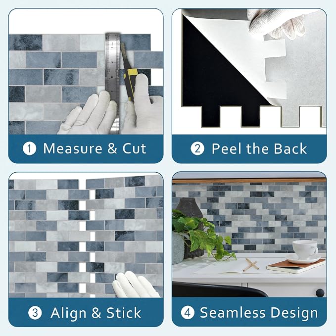 10-Sheet Subway Peel and Stick Backsplash Tile, 11.3" x 10.8" Blue Stone Composite Cement Looks Self Adhesive Waterproof Wall Tile, Stick on Tiles for Kitchen Bathroom Shower Fireplace