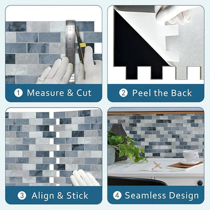 10-Sheet Subway Peel and Stick Backsplash Tile, 11.3" x 10.8" Blue Stone Composite Cement Looks Self Adhesive Waterproof Wall Tile, Stick on Tiles for Kitchen Bathroom Shower Fireplace