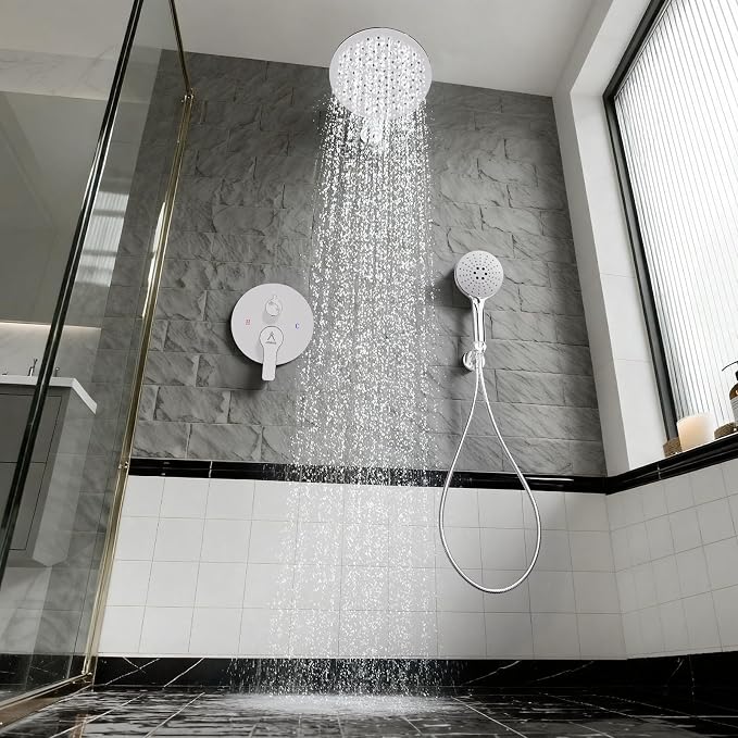 Shower Faucet Set 10IN Brass Rough-In Valve Body Trim Kit Rainfall Included Handle Accessories Complete 2 Functions with Rain Head and Handheld Bathroom Systems (10'', Chrome Polished)