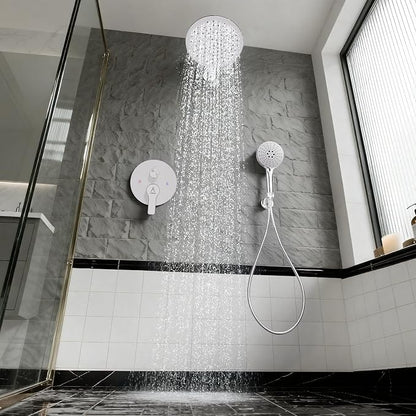 Shower Faucet Set 10IN Brass Rough-In Valve Body Trim Kit Rainfall Included Handle Accessories Complete 2 Functions with Rain Head and Handheld Bathroom Systems (10'', Chrome Polished)