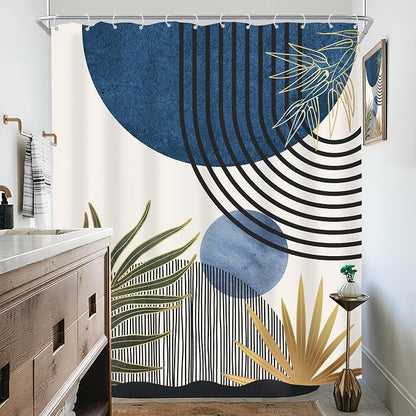 Mid Century Blue Green Boho Abstract Modern Bathroom Shower Curtain Set | 60Wx72L Plant design, waterproof HD print with fast-drying fabric and 12 hooks.