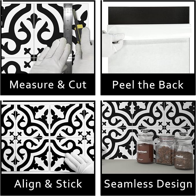 The Tiles Plaza Encaustic Peel and Stick Backsplash, Black and White Patterned Vintage Stick on Tiles, Stone Composite Self-Adhesive Wall Tile Sticker for Kitchen Bathroom Fireplace Stairs, 10 Sheets
