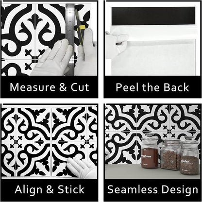 The Tiles Plaza Encaustic Peel and Stick Backsplash, Black and White Patterned Vintage Stick on Tiles, Stone Composite Self-Adhesive Wall Tile Sticker for Kitchen Bathroom Fireplace Stairs, 10 Sheets