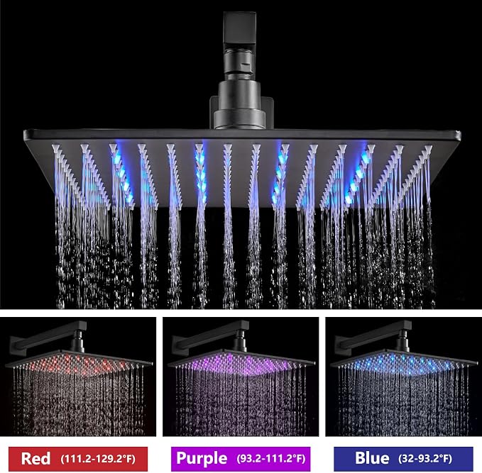 Aolemi Shower Faucet Set with Valve Handheld 16" LED Head Matte Black | Handheld Spray,16 Inch Rain LED Head,Valve and Trim Kit,All Metal,Wall Mount Shower System,Bathroom Mixer