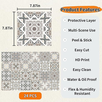 24 PCS Bohemian Floral PVC Peel and Stick Tile Stickers | for Kitchen Bathroom RV, Waterproof Self-Adhesive Removable Backsplash Decals, Easy DIY Upgrade, Smooth Surfaces, 7.87x7.87in