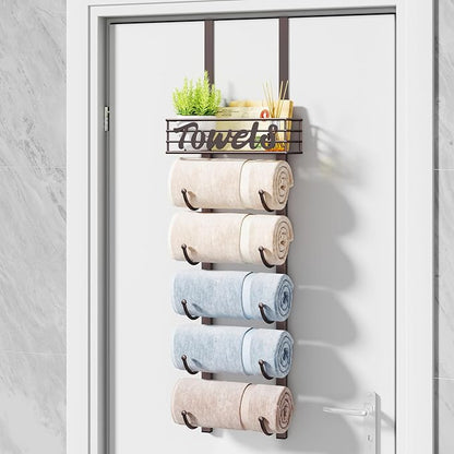 HapiRm Towel Racks for Bathroom Storage - 6 Tier Over The Door & Wall Mount Rolled Towel Storage Organizer Holder with Metal Shelf Basket for Small Bathroom, Camper, Rv - Bronze, Patented