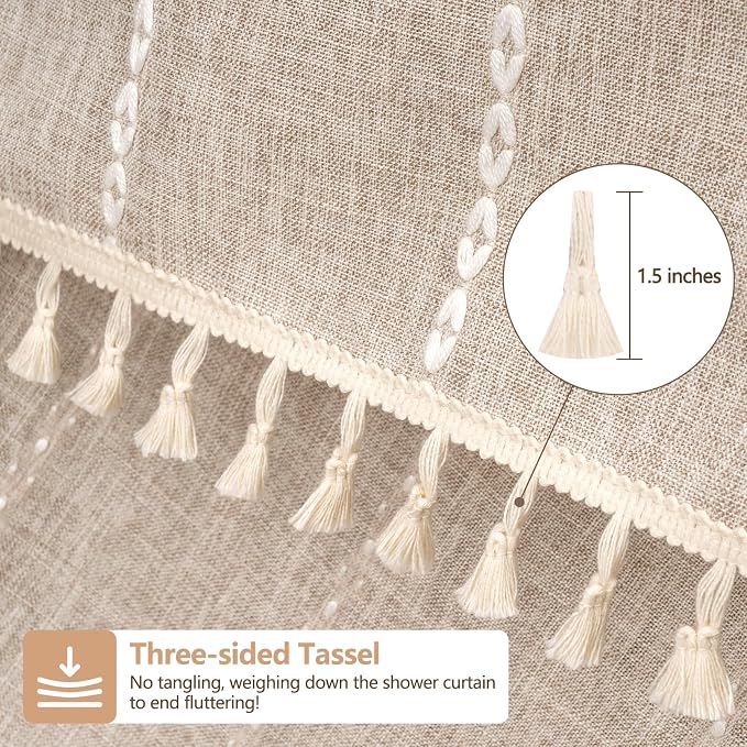 Seenus Boho Farmhouse Shower Curtain Heavyweight with Tassels, 72 x 84 Inch Extra Long Taupe Linen Textured Fabric Shower Curtain for Bathroom, Tan and White Striped Bath Décor Curtain Water Repellent