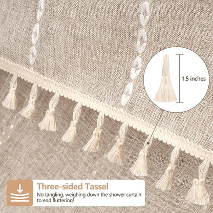 Seenus Boho Farmhouse Shower Curtain Heavyweight with Tassels, 72 x 84 Inch Extra Long Taupe Linen Textured Fabric Shower Curtain for Bathroom, Tan and White Striped Bath Décor Curtain Water Repellent