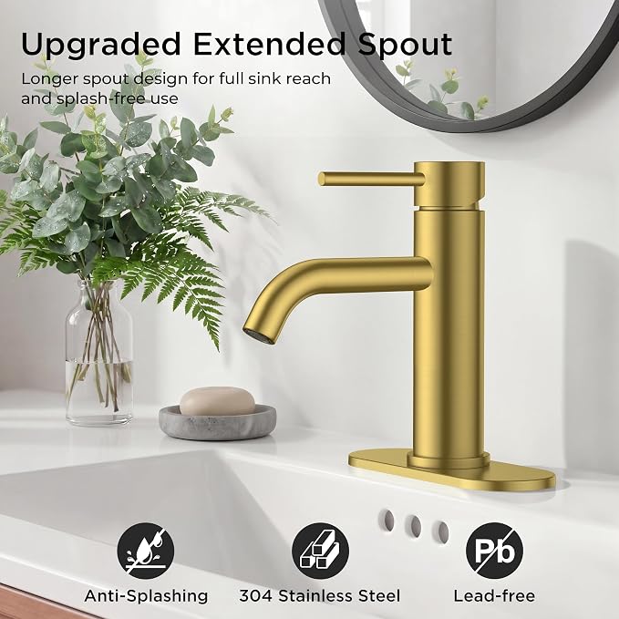 FORIOUS Bathroom Faucet 1 Hole, Single Handle Sink Faucets Brushed Gold | for 1 or 3 Hole 4 Inch Centerset Sink, with Pop-up Drain, NSF61 Certified, for Vanity Rv Commercial Lavatory Restroom Basin