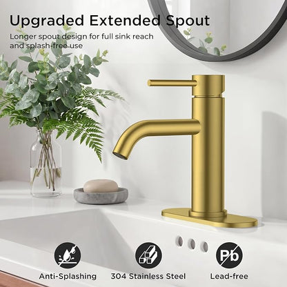 FORIOUS Bathroom Faucet 1 Hole, Single Handle Sink Faucets Brushed Gold | for 1 or 3 Hole 4 Inch Centerset Sink, with Pop-up Drain, NSF61 Certified, for Vanity Rv Commercial Lavatory Restroom Basin