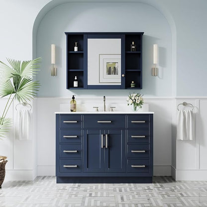 48-Inch Bathroom Vanity with Sink W/ 2 Doors & 8 Drawers & 1 Flip Drawer, Navy Blue Vanity W/Brushed Nickel Handles