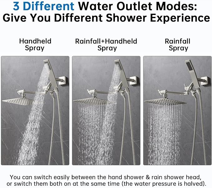 G-Promise All Metal 10" Dual Square Shower Head Combo | Rain Shower Head | Handheld Shower Wand | Adjustable | 3-Way Diverter | 71" Extra Long Hose - A Bathroom Upgrade(Brushed Nickel) | Built to Last, Easy Install, Adjustable Height & Angle for All He...