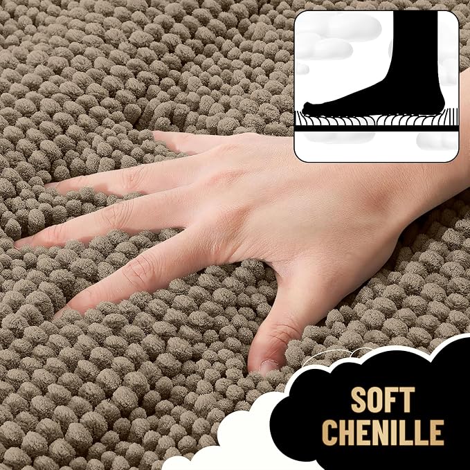 OLANLY Thick Bathroom Runner Rugs 44x24, Soft Chenille Long Bath Rugs, Tan | Absorbent Striped, Rubber Backing, Machine Wash, Bath Mats for Bathroom Floor, Tub and Shower, Home Decor Accessories