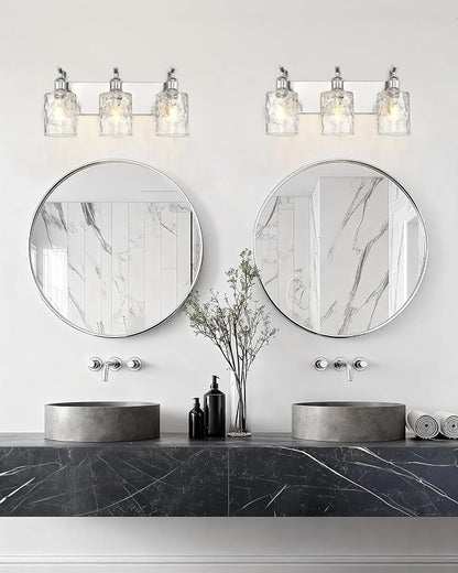 3-Light 20 Inch Bathroom Vanity Light,Hammered Glass,Nickel | Over Mirror Wall Light,E26 sockets,for bathroom mirror,powder room,dressing area