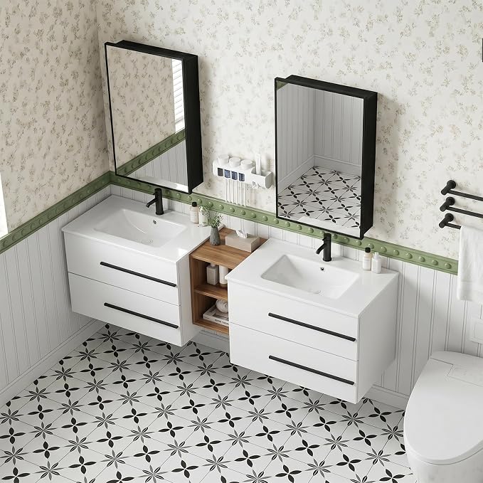 72 Inch Floating Double Sink Bathroom Vanity, Modern Bathroom Vanity with Double Sink, Wall Mounted Bathroom Vanity Cabinet with Large Storage Drawers, White&Natural