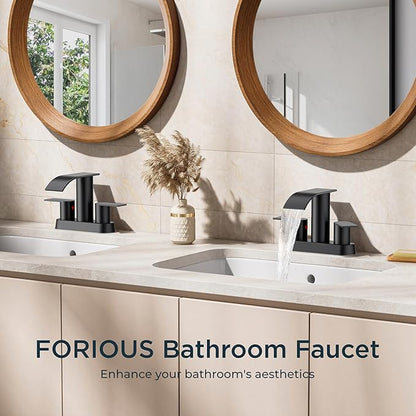 FORIOUS Matte Black Bathroom Faucets, Waterfall 4 Inch Centerset Bathroom Sink Faucet with Metal Pop up Drain and cUPC Hose for Basin, Vanity, RV, Pedestal 2 or 3 Hole Sink, 2 Pack