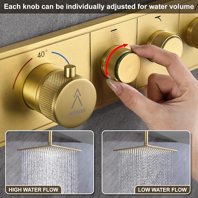 Shower System Modern Rain Brass Faucet Set With Valve and Diverter Shower Mixer With Handheld High Pressure Square Rainfall Shower Valve (12+6'' Wall Mount Thermostatic Valve, Brushed Gold)