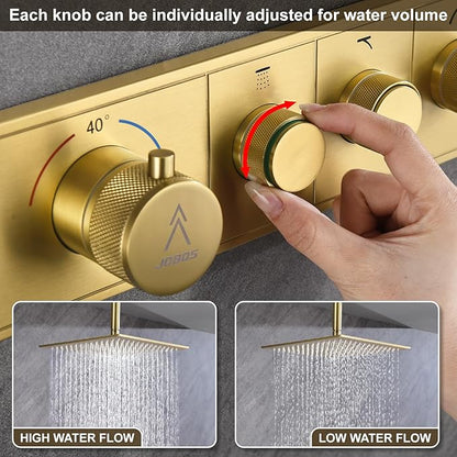 Shower System Modern Rain Brass Faucet Set With Valve and Diverter Shower Mixer With Handheld High Pressure Square Rainfall Shower Valve (12+6'' Wall Mount Thermostatic Valve, Brushed Gold)
