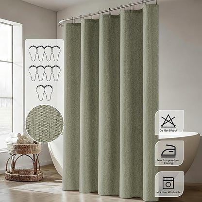 ANRODUO Olive Green Linen Textured Fabric Shower Curtain Set - 60"x72" with 10 Rust Resistant Durable Metal Hooks, Waterproof & Heavy Duty Polyester, Button Hole Design, Machine Washable for Bathroom