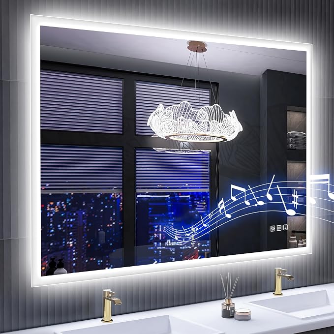 SBAGNO 36''x28'' LED Bathroom Mirror with Lights, Bluetooth Speaker | Stepless Dimmable, 3 Color Temperature, Anti-Fog, Tempered Glass, Touch Control, Lighted Smart Mirror for Bathroom