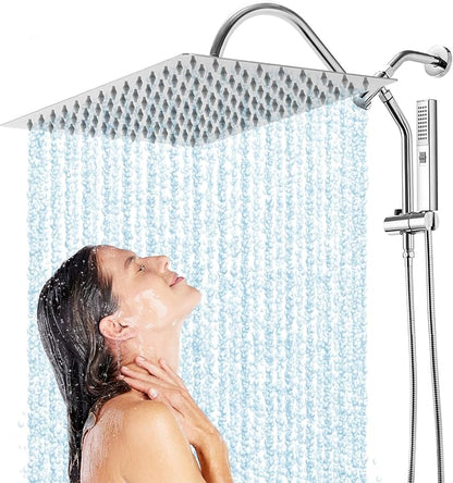 Shower Head, 12" Rain Shower Head with Handheld Spray Combo, High Pressure Rainfall Rectangle Shower Heads with Extension Arm Wide Dual Showerhead with Shower Slide Bar, Bathroom Accessories, Chrome