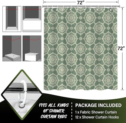 Boho Green Sage Shower Curtains for Bathroom,Funny Bohemian Mandala Shower Curtain,Aesthetic Waterproof Polyester Boho Bathroom Decor,72x72 Inch