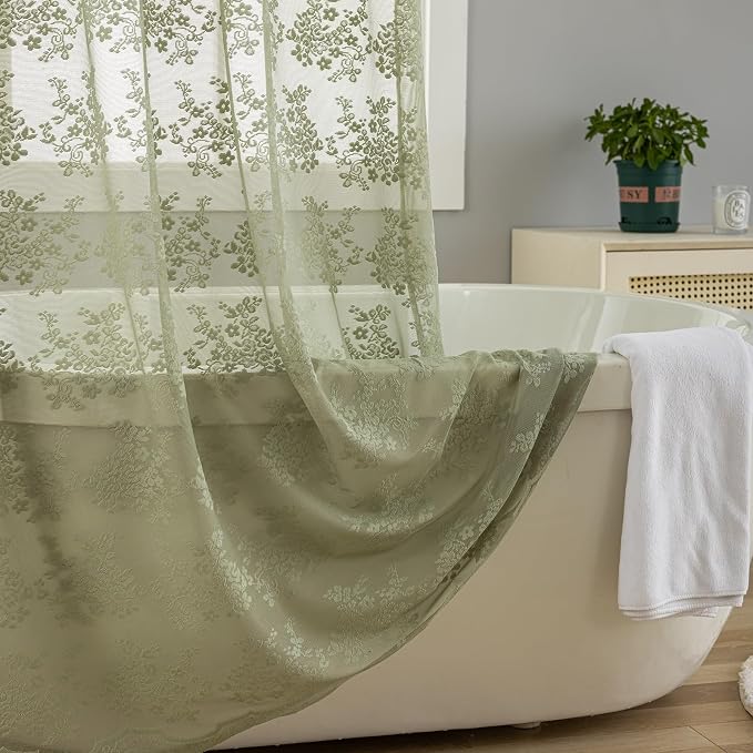 YJ YANJUN Boho 72x84 inch Shower Curtain Sage Green Lace Long Shower Cutain 84 Length Fancy See Through Shower Curtain 9 Foot Farmhouse Vintage Country Spring Summer Bathroom Décor 72" x 84" | See-through Shower Curtain Lets in Soft Light, Adding Flora...
