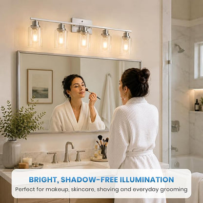 Ascher 5 Light Bathroom Light Fixture, Brushed Nickel Bathroom Lighting Fixtures Over Mirror, Vanity Light with Clear Glass Shade, Wall Sconce for Living Room Bedroom Cabinet, E26 Base