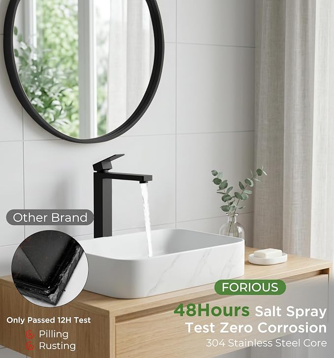 FORIOUS Vessel Sink Faucet Single Hole, Matte Black Tall Bathroom Faucets | For 1 or 3 Hole 4 Inch Centerset Sink, with Pop-up Drain, NSF61 Certificate, Single Handle Faucet for Sink Vanity RV Restroom