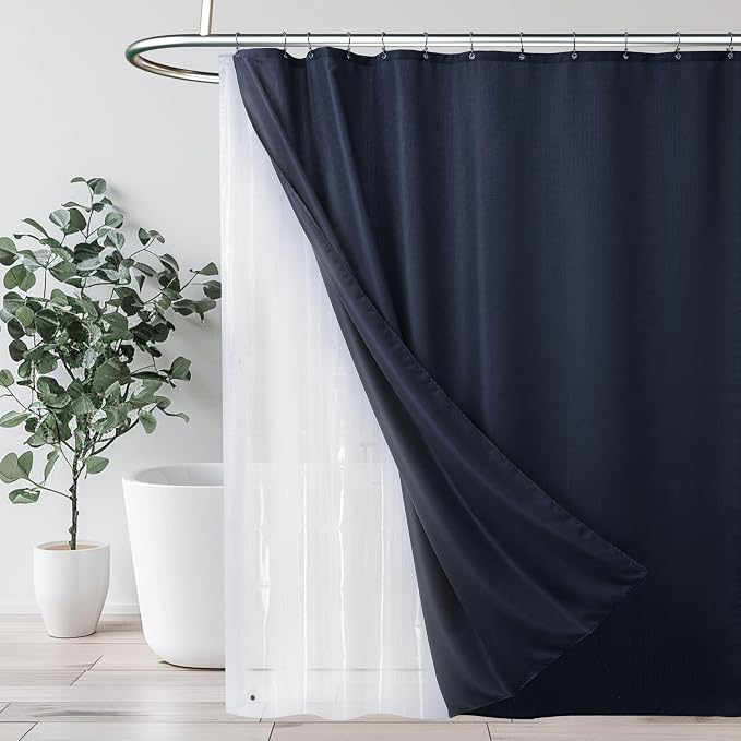 3 in 1 Shower Curtain Set, Navy Blue Shower Curtain and Liner Set with 12 Double Sided Shower Curtain Hooks,72x78 Cloth Shower Curtains for Bathroom,Waterproof