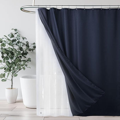 3 in 1 Shower Curtain Set, Navy Blue Shower Curtain and Liner Set with 12 Double Sided Shower Curtain Hooks,72x78 Cloth Shower Curtains for Bathroom,Waterproof