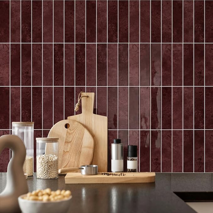 STICKGOO 10-Sheet Peel and Stick Backsplash Tile(Thicker Design) | Self Adhesive Vinyl Wall Tiles, 3D DIY Subway Tiles, Stick on Backsplash for Kitchen and Bathroom(Vintage Red)