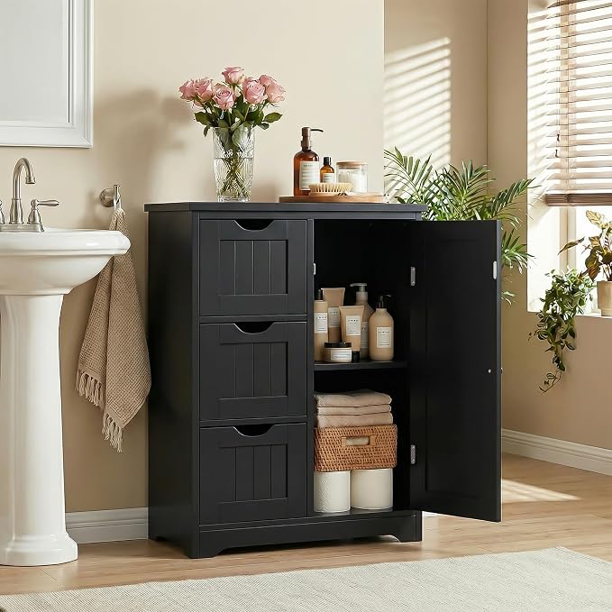 SUPER DEAL Bathroom Storage Cabinet with 3 Drawers and 1 Door, Entryway Home Decor Furniture Towels Storage Organizer Unit, Black