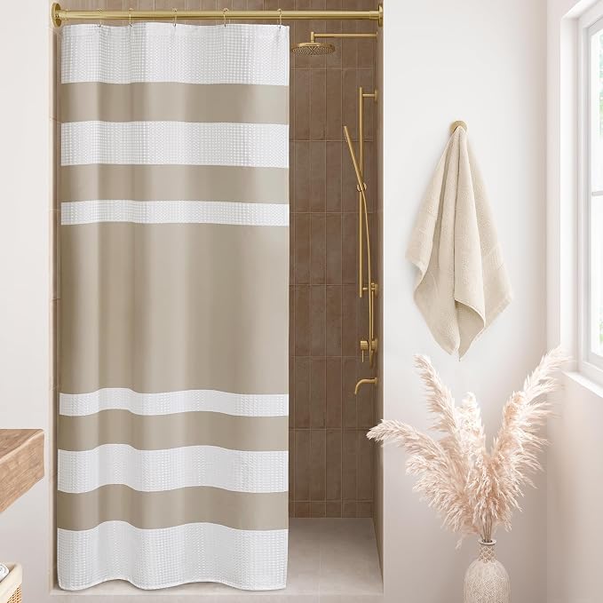 Madison Park Spa Waffle Weave Stall Shower Curtain, 36 x 72, Taupe | Striped, Pieced Fabric Design, 3M Scotchgard Moisture Management, Hotel Quality, Modern, for Bathroom, OEKO-TEX Certified