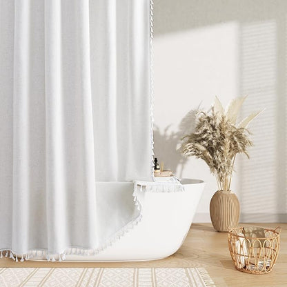 Extra Long Beige White Boho Linen Shower Curtain 84 Inch Weighted Tassel Farmhouse Solid Fabric Shower Curtain Set with Hooks Vintage Country Aesthetic Style Decor for Bathroom 72x84