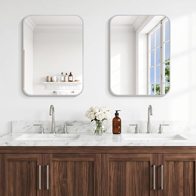 BONEWEI Silver Bathroom Mirror,18x24 inch Wall Mirror for Bathroom Wall Mounted,Rectangle Mirror for Bathroom Over Sink,Modern Frame Round Corner for Living Room,Bedroom Entryway,Horizontal/Vertical