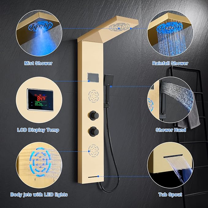 POPFLY Brushed Gold Shower Panel Tower System-PF609059G24