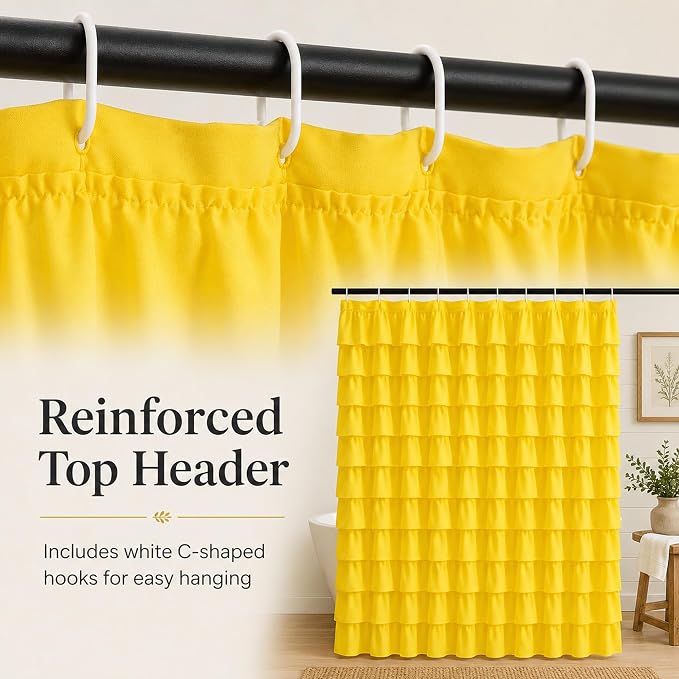 Yellow Shower Curtain for Bathroom, 72 x 84, Soft Ruffled Edge Detailing | Cascading Waterfall Ruffle Design, 72x84 inch, 7ft, 12 Hook Included, Machine Washable, Elegant Understated Farmhouse Style