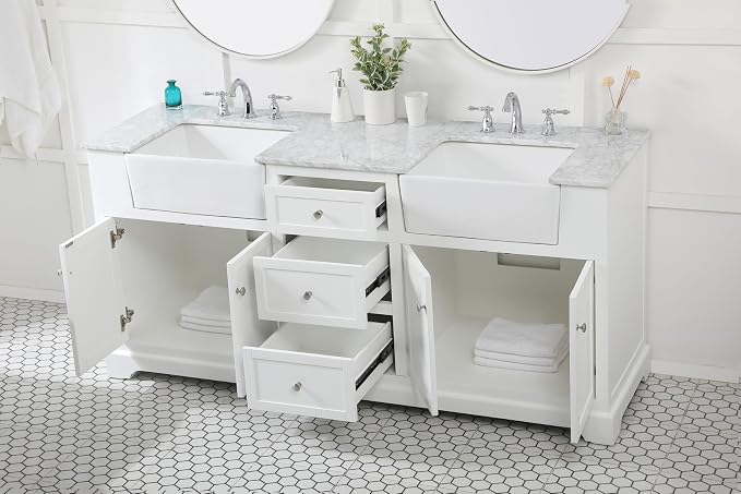 72" Pre-Assembled Bathroom Vanity with Sink, Solid Birch and MDF, Carrara White Marble Countertop Attached, Double Rectangle Porcelain Sink, 3 Soft-Close Drawers, White