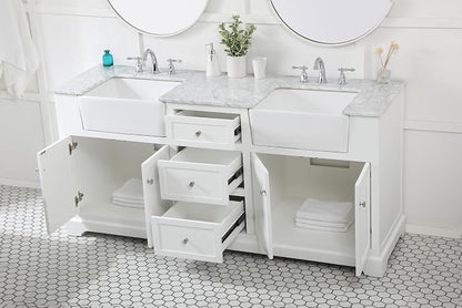 72" Pre-Assembled Bathroom Vanity with Sink, Solid Birch and MDF, Carrara White Marble Countertop Attached, Double Rectangle Porcelain Sink, 3 Soft-Close Drawers, White