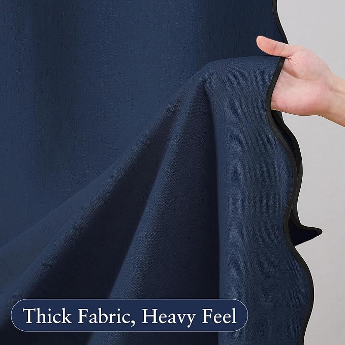 Linen Scallop Shower Curtain with 12 Hooks, Waterproof, 72x72, Navy Blue | Waterproof Heavy Duty Thick Fabric with Black Border, Minimalist Neutral Boho Farmhouse Bathroom Décor