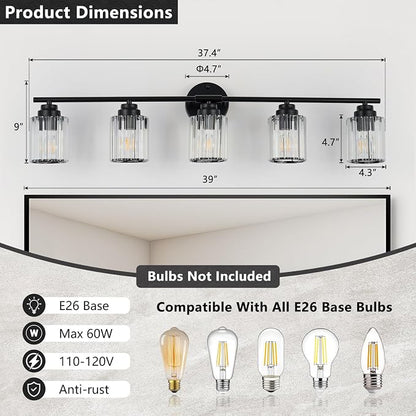37.4" Crystal Bathroom Lighting Fixtures Over Mirror, 5-Light Balck Vanity Light Fixture, Vanity Lights with Clear Crystal Shade, E26 Base Wall Sconces for Bathroom, Bedroom, Hallway