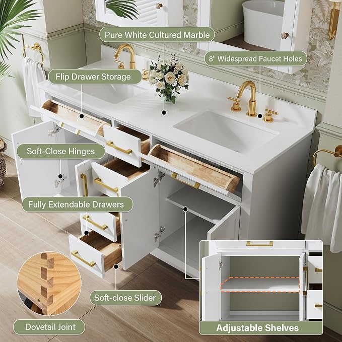 60-Inch Bathroom Vanity with Double Sinks W/ 4 Doors & 4 Drawers & 2 Flip Drawers, White Vanity W/Brushed Gold Handles