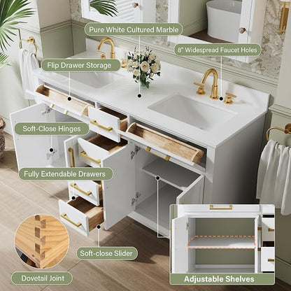 60-Inch Bathroom Vanity with Double Sinks W/ 4 Doors & 4 Drawers & 2 Flip Drawers, White Vanity W/Brushed Gold Handles