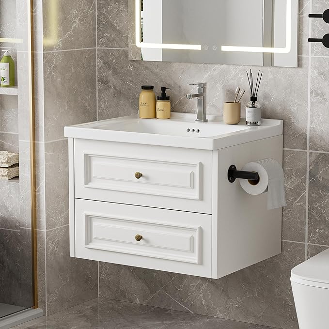 24" Bathroom Vanity with Sink, Floating Bathroom Vanity with with Marble Ceramic Basin Top and 2 Storage Drawers, Modern Storage Cabinet for Small Space, White