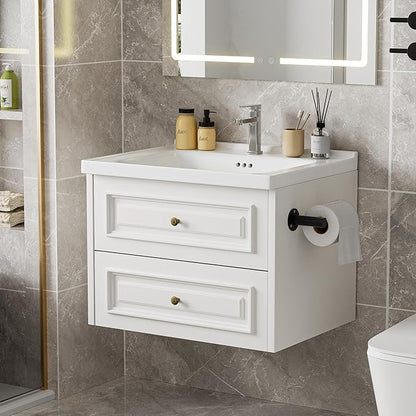 24" Bathroom Vanity with Sink, Floating Bathroom Vanity with with Marble Ceramic Basin Top and 2 Storage Drawers, Modern Storage Cabinet for Small Space, White