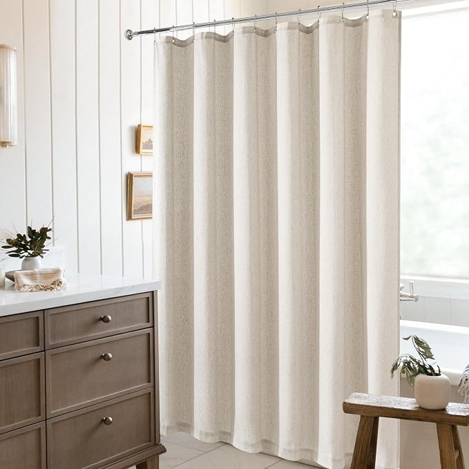 Oatmeal Linen Shower Curtain for Bathroom Water Repellent 72x84 Inch | Extra Long XLong Tall, Shower Curtains 84 Inches Long, Greige Greyish Beige, Neutral Country Farmhouse Boho, Drapes for Bath