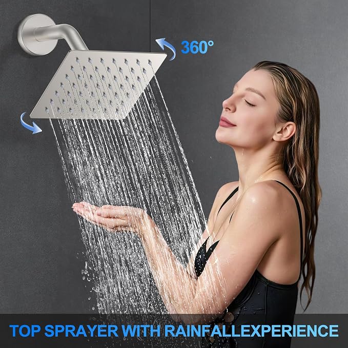 Woindo Shower Faucet Set, 12" Wall Mount Rainfall Shower System with 2 Rain Shower Head and Multi-function Handheld Head Push Button Diverter Shower Faucet Trim Kit