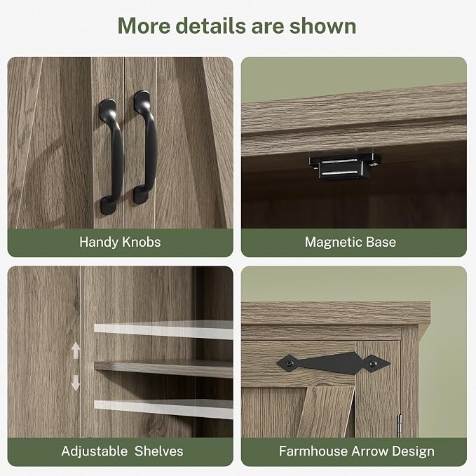 TEENFON Tall Storage Cabinet, Kitchen Pantry Cabinet with 4 Shelves, Adjustable Shelves, Pantry Cabinets with 4 Barn Doors, Tall Kitchen Cabinets for Dining Room, Living Room, Dark Walnut